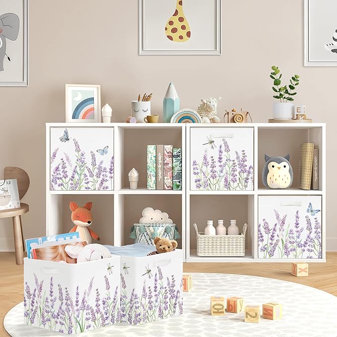 11.8" Wild Flower Storage Cube Organizer Set 3Pcs Clothes Storage Basket Bin for Closet Shelf Garden Butterfly Nursery Kid Room Book Toy Chest, Lavender