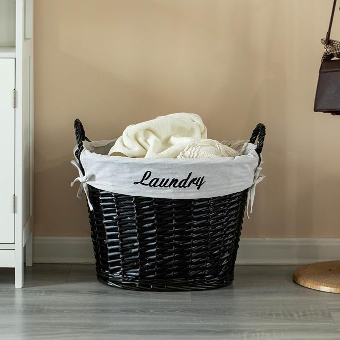 Wickerwise Handwoven Laundry Basket with Liner & Handles - Boho Decorative Storage Hamper for Clothes Blankets Pillows and Towels - Ideal for Laundry Room Bathroom Bedroom and Living Room, Black
