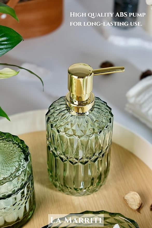 4pcs Glass Bathroom Accessories Set, Clear Green Bathroom Soap Dispenser Set, Toothbrush Holder, Soap Dish, Soap Dispenser, Qtips Holder Set for Crystal Vintage Bath Decor (Green)