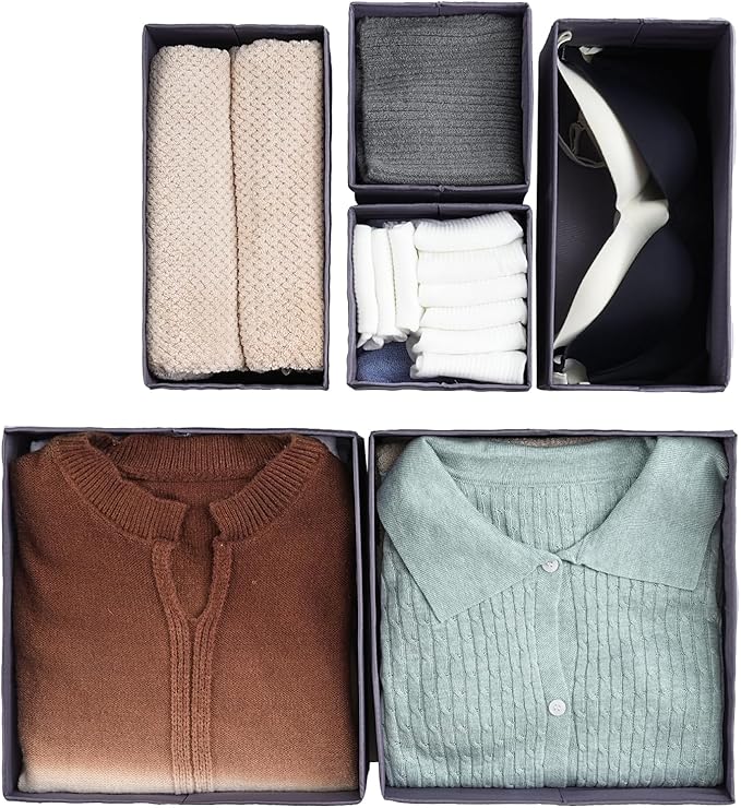 TYEERS Drawer Organizers, Durable Fabric, Washable, with Base Support Boards, Small Storage Boxes for Bathroom, Closet, Dresser, Set of 12, Dark Grey