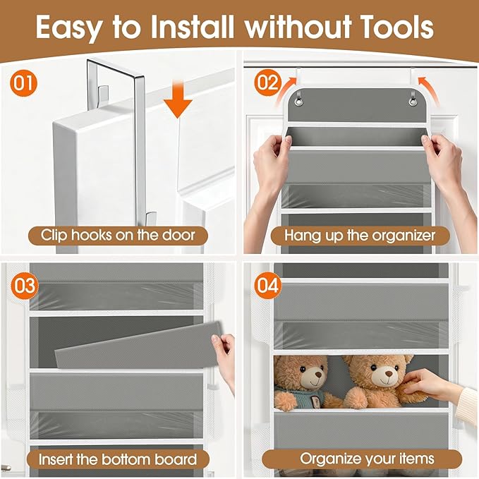 WISELIFE Over The Door Organizer Storage with 5 Large Pockets Door Hanging Organizer with Clear Windows Behind The Door Storage for Nursery Bedroom Bathroom Pantry Closet and Baby Essentials Grey