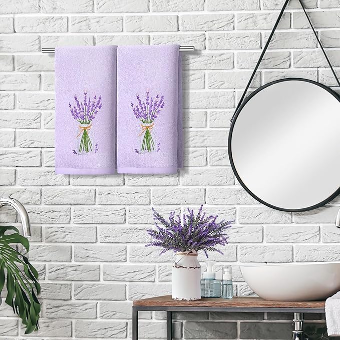 2 Pcs Lavender Hand Towels Purple Bathroom Decor 14x29 Inch Embroidered 100% Cotton Soft Absorbent Spring Summer Decorative Hand Towels for Bathroom Kitchen