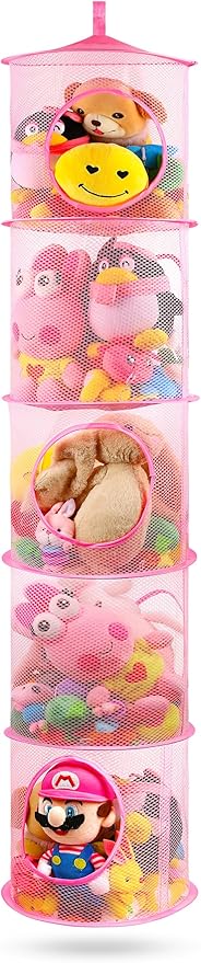 coastal rose Stuffed Animals Net or Toy Net Hammock, Foldable Stuffed Animals Storage 5 Compartments, Toy Storage Organizer for Plushies Organizer Mesh Kids Girls Room Decor, Pink