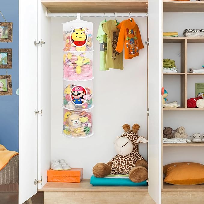 3Pcs Stuffed Animal Storage Foldable Stuffed Animal Net or Hammock Organizer, 4 Compartments Hanging Toy Storage Organizer, Toy Organizer for Kid Room Toys, Gloves, Hats, Socks(White)