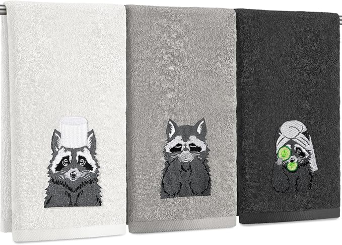 3 Pcs Raccoon Gifts Hand Towels for Bathroom Decorative Funny Retro Raccoon Bathroom Decor 100% Cotton Embroidered Towels for Women Kitchen Decor, 13. 3 x 29. 5''