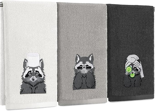 3 Pcs Raccoon Gifts Hand Towels for Bathroom Decorative Funny Retro Raccoon Bathroom Decor 100% Cotton Embroidered Towels for Women Kitchen Decor, 13. 3 x 29. 5''