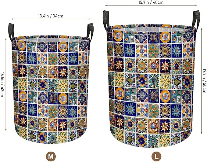 Talavera Mexican Tile Print Laundry Basket, Large Canvas Collapsible Organizer Storage Basket for Nursery,Office,Toy Organizer,Home,Decor - 19.7" X 15.7 "
