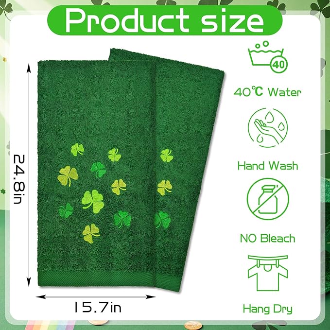 2Pcs Green St. Patrick's Day Hand Towels St Patricks Day Kitchen Towels Cotton Embroidered Irish Shamrock Bathroom Towel Clover for Holiday Spring Decoration