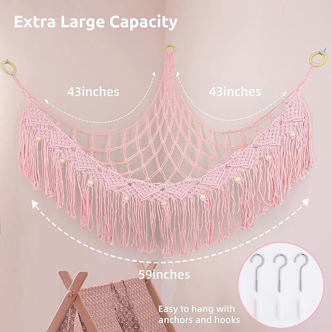 Large Stuffed Animal Hammock, Stuffed Animal Storage Toy Hammock Net for Stuffed Animals Corner, Plushie Net Hammock Toy Organizer for Boho Playroom Baby Nursery Decor