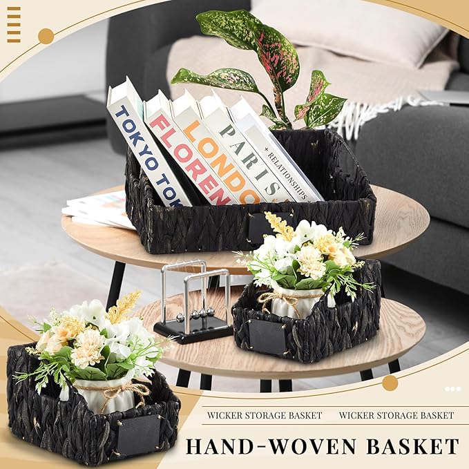 4 Pcs Natural Storage Baskets Set Stackable Handwoven Wicker Storage Bins with Chalkboard Label Built-in Handles Woven Container Basket Kitchen Baskets for Shelves(Black)