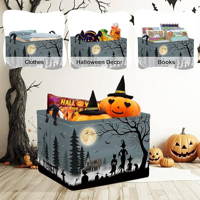 Clastyle Halloween Pumpkin Storage Basket Kid Spooky Book Gift Basket Empty Outdoor Graveyard Jack-o-lantern Boo Bin Baby Nursery Clothes Hamper Toy Box,Witch Bat,40*30*30 cm