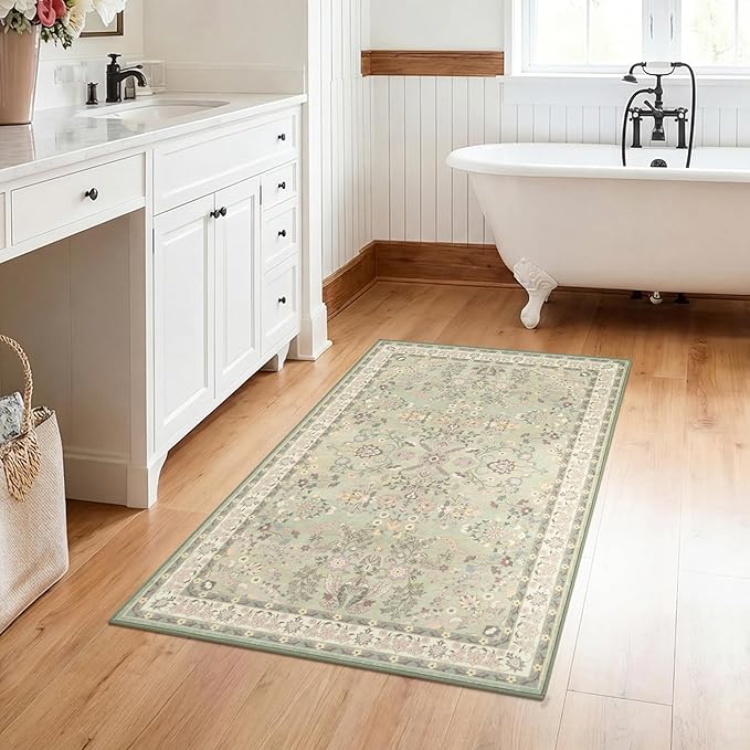 GRANNY SAYS Boho Bathroom Rugs 32" x 20" Non-Slip, Quick Dry & Washable, Vintage Bath Rug, Distressed Farmhouse Plush Velvet Small Bath Mat, Absorbent for Shower Toilet Sink, Pet Friendly-2'x3'