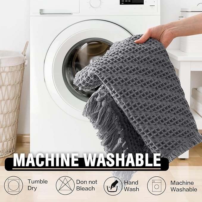 H.VERSAILTEX Waffle Bath Mat Super Absorbent Boho Bath Mat Non Slip Bath Rugs for Bathroom Floor Machine Washable Dry Fast Bathroom Rugs with Tassels (47 x 17 Plus 17 x 24 Inches, Gray)