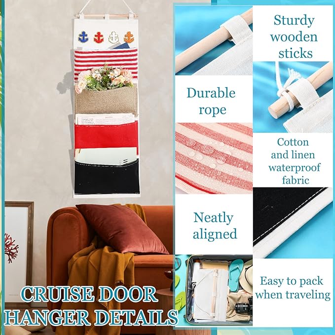Fish Extender Cruise Gift Hanging Organizer with 4 Pockets and Iron on Anchor Patch Cabin Door Storage Bag 2026 Fe for Cruise Essentials Exchange Gift Pixie Dusting(Orange,White,Red,Blue)