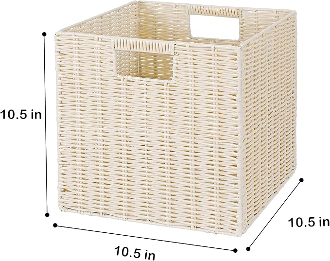 TAIMEI&G02 10.5 x 10.5 in Plastic Wicker Baskets for Cube Storage, Collapsible Square Wicker Storage Basket Set of 4, Rattan Storage Cube, Square Baskets for Shelves - lvory