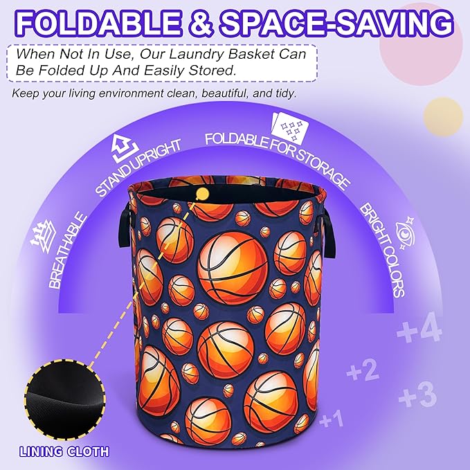 Basketball Laundry Basket Oxford Cloth Ball Sports Laundry Hamper Funny With Handle Foldable Portable Clothes Storage Basket 18.9 X 16.5 In Storage Bag For Laundry Room/Bathroom/Bedroom/Dormitories