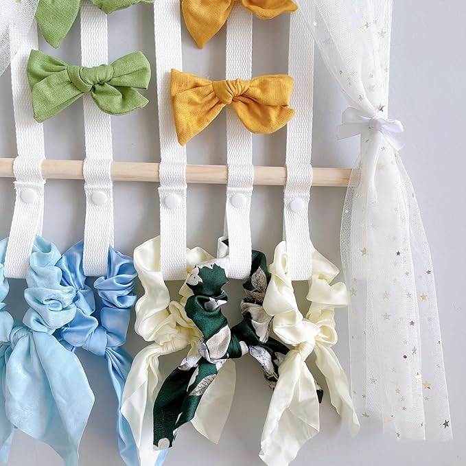 Hair Bows Holder, Hair Clips Storage Hanger Large Capacity, Hair Bows Organizer Wall Hanging for Girl Room, White Tulle Curtain Display, Wall Mounted Storage for Girls Headbands(Beige)