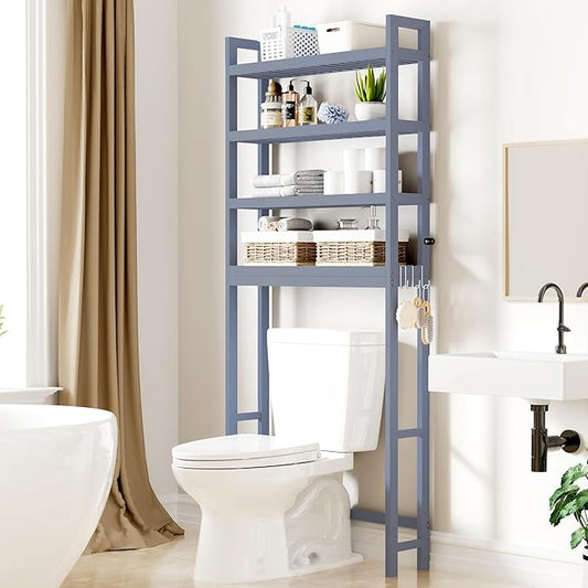 Smiry Over The Toilet Storage Cabinet, 4-Tier Bamboo Bathroom Organizers with Adjustable Shelf & 4 Hooks, Space Saving Shelf Rack for Bathrooms, Laundry Room, Balcony, Grey