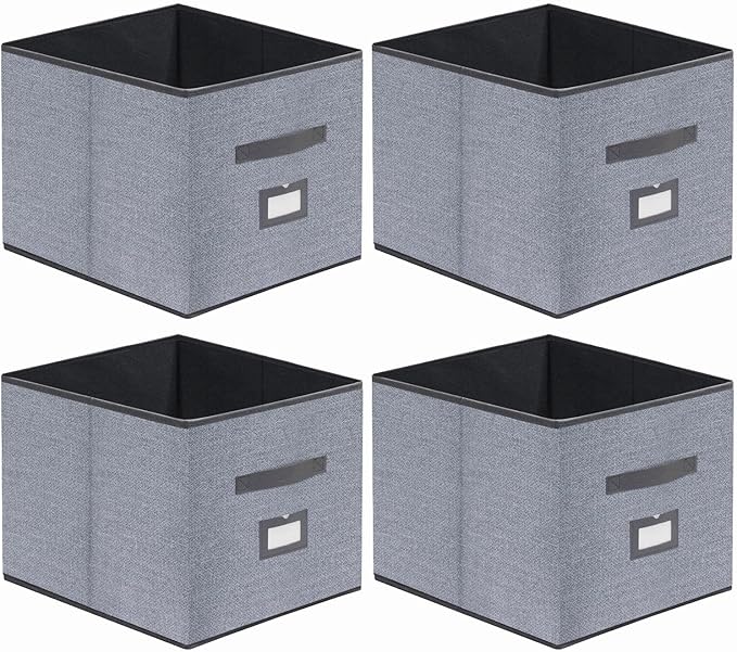 Onlyeasy Extra Large Cloth Storage Bins Foldable Cube Storage Bin 4 Pack - Fabric Cube Organizers Container Drawers with Dual Handles for Shelves, 13" W x 15" D x 13" H, Linen-Like Grey, 7MXDBXL04PLP
