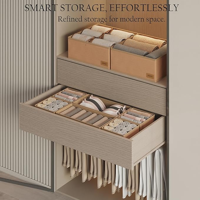 Clothing Drawer Organizer - Set of 6 Foldable Organizers for Clothes, Ideal for Dresser Drawers, Underwear, Socks, Baby Clothes and Closet Storage,Drawer Organizer bins, Cream