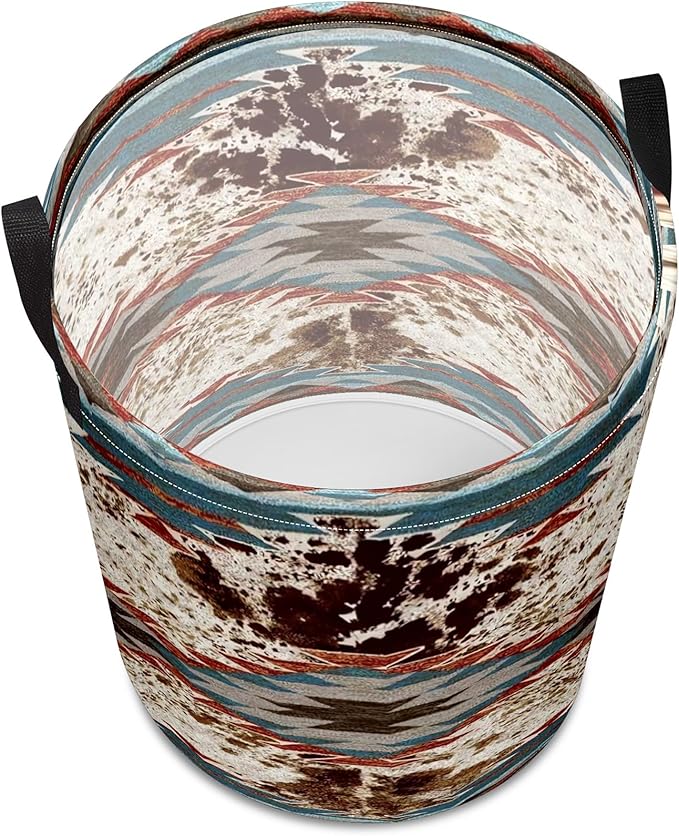 Western Aztec Cow Print Baby Laundry Hamper,Laundry Basket,Waterproof Storage Bin for Bedroom,Clothes Organizer Basket,Toys Box,Room Decor