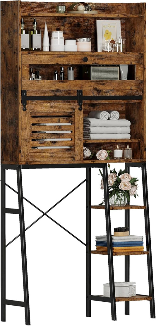 IRONCK Over The Toilet Storage with Cabinet, Sliding Barn Door, Side Storage Open Rack, Mass-Storage Over Toilet Bathroom Organizer for Bathroom, Restroom, Laundry, Vintage Brown