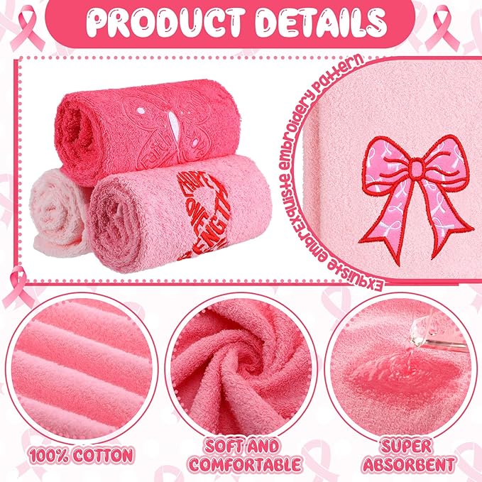 3 Pack Breast Cancer Awareness Gifts Hand Towels 13.4 x 29.2 Inch Cotton Embroidered Faith Hope Love Strength Bathroom Towel Absorbent Dish Tea Towels for Kitchen Decor