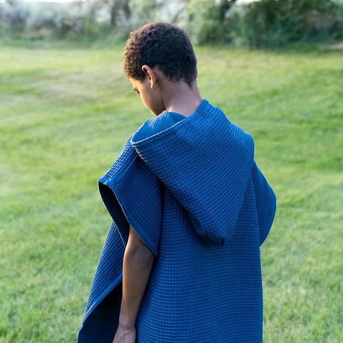 Jade&Kai Hooded Towel for Kids | Snaps into a Poncho | Organic Cotton Waffle | Lightweight and Absorbent | Bath, Beach, and Pool | Multiple Colors | (Large (6-10 Yrs), January Aqua)