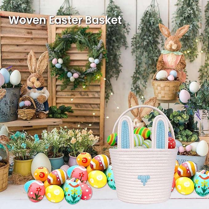 Easter Basket Empty Bunny Egg Baskets With Handle And Ears Easter Gifts Cute Woven Basket (blue)