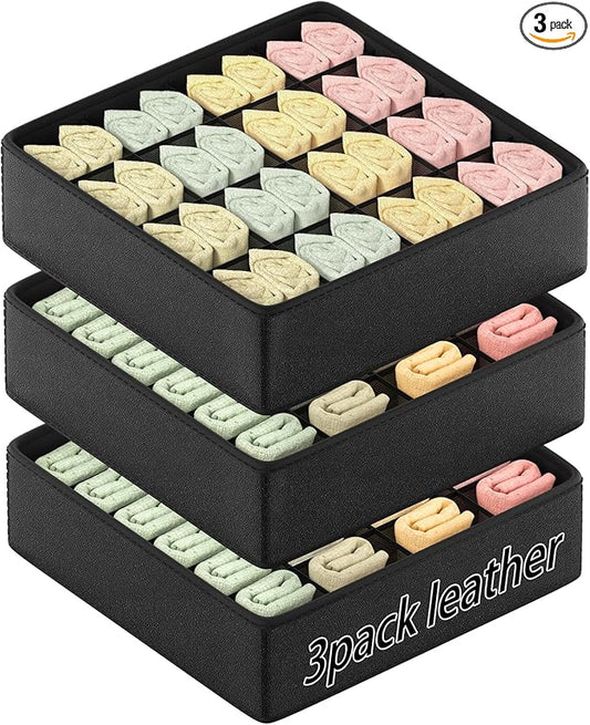 Fashion Leather Sock Underwear Drawer Organizer clothes, Closet Dividers，64 Cell (16+24+24) Foldable Leather Storage Box for Panties, Ties, Accessories（3 Pack）