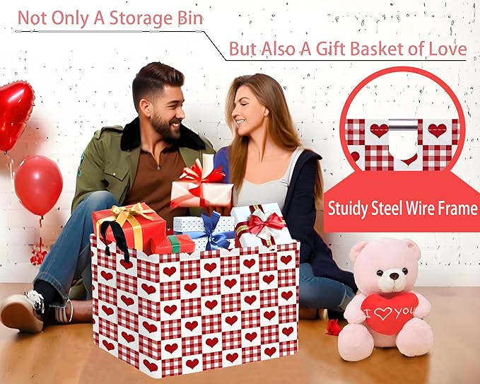 Large Valentine's Day Basket Heart Shaped Storage Bin for Gifts Collapsible Organizer Room Decor (Grid Love)