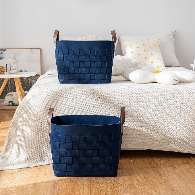 BOLDMONKEY Blankets Baskets 15" x13 " x11 " 2 Pack, Large Rectangular Toys Baskets with Leather Handle, Soft Baby Nursery Basket for Storage-Navy Blue