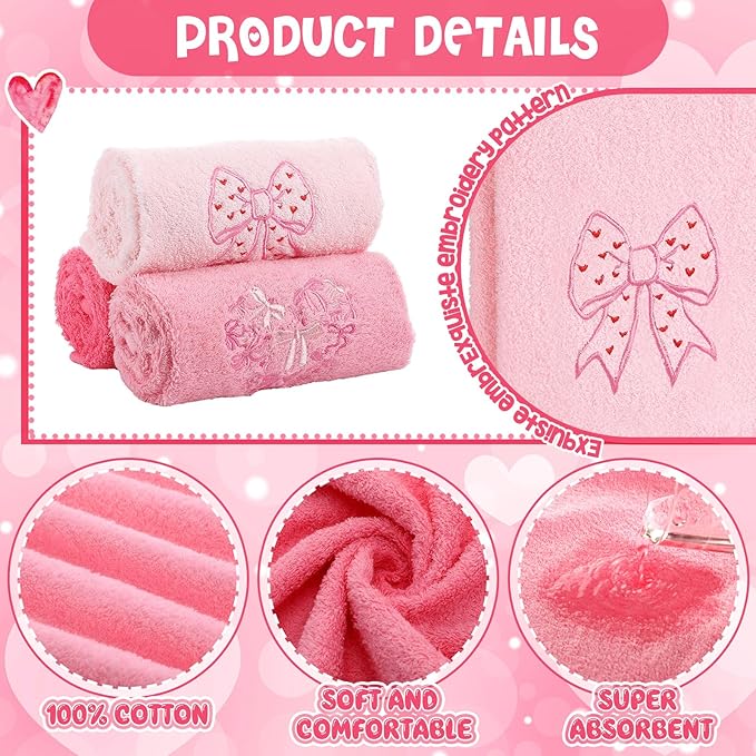 3 Pack Pink Bow Valentine's Day Hand Towels 13.4 x 29.2 Inch Cotton Embroidered Valentines Heart Bathroom Towel Absorbent Valentines Kitchen Decor for Hand Drying Cleaning Gift
