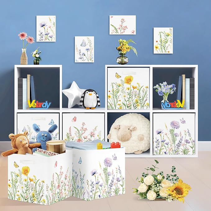 11.8" Wild Flower Storage Cube Organizer Set 3Pcs Clothes Storage Basket Bin for Closet Shelf Garden Butterfly Nursery Kid Room Book Toy Chest, Plant Bush
