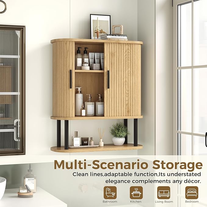 Bathroom Wall Cabinet, Over The Toilet Cabinet with Sliding Doors and Adjustable Shelf, Space Saver, Wall Mounted Medicine Cabinet for Laundry Room & Kitchen & Living Room, Natural