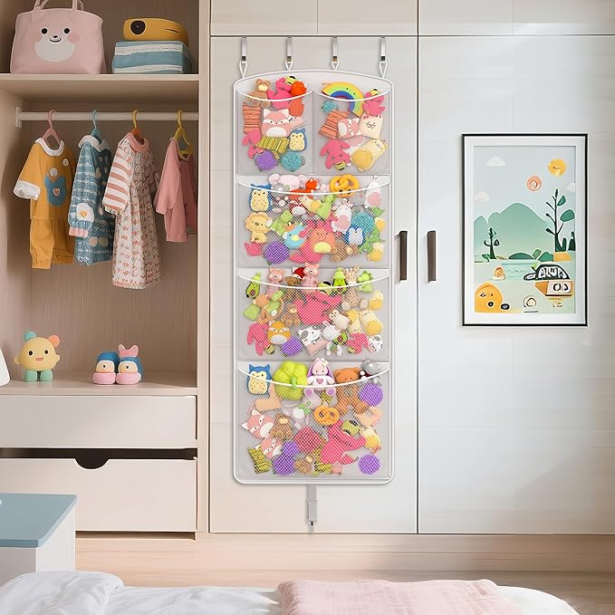Stuffed Animal Storage Hammock – Over the Door Hanging Toy Organizer & Plush Toy Holder with Metal Hooks & Support Bars, Capacity Mesh Net for Easy Access, Kids Room, Playroom/Nursery, Grey