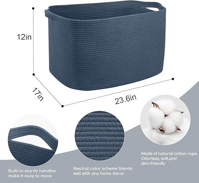 Extra Large Rectangle Storage Basket, 23.6" x 17" x 12" Dark Blue Blanket Storage for Living Room, Large Woven Cotton Rope Storage Box, Soft Kids Toy Basket Organizer Bin, Big Wicker Basket