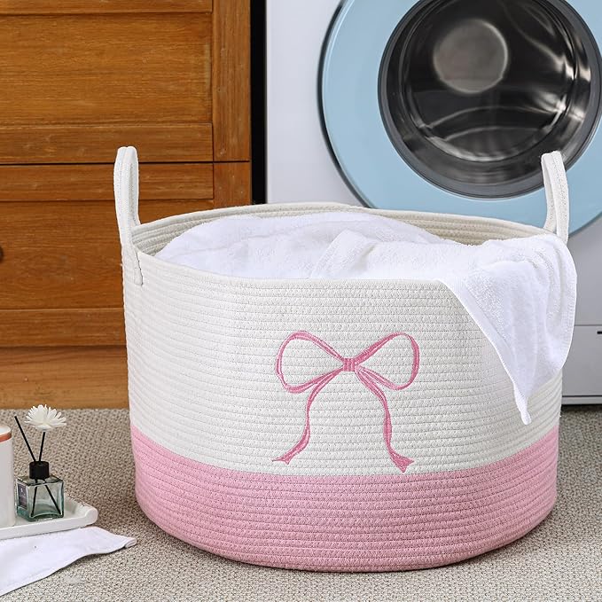 Honeydak Pink Laundry Basket Bow Hamper Cotton Rope Pink Laundry Hamper 13 x 20 Inch Toy Box Large Coquette Bow Girly Nursery Basket Storage for Bedroom Bathroom Blanket Toys Clothes Organization
