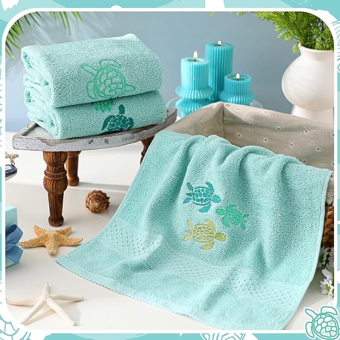 3 Pack Sea Turtle Coastal Hand Towels for Bathroom 100% Cotton Embroidered Beach Bathroom Towels 13.78 x 29.53 Inch Soft Absorbent (Green, Sea Turtles)