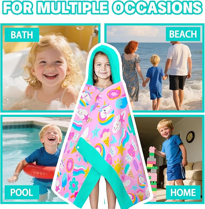 Hooded Towels for Kids- Ultra Soft 100% Cotton Pink Unicorn Toddler Hood Bath Towels/Pool Terry Towel Beach Poncho Wrap Absorbent Cute Bath & Swim Wrap for Boys & Girls 3-10 Years Beach Essentials