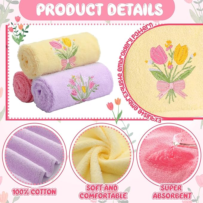 3 Pcs Tulips Bouquet Hand Towels Spring Pink Tulips Flower Bath Towels 14 x 29 Inch Floral Embroidered Decorative Cute Spring Summer Cotton Soft Absorbent Decor for Bathroom Kitchen Farmhouse