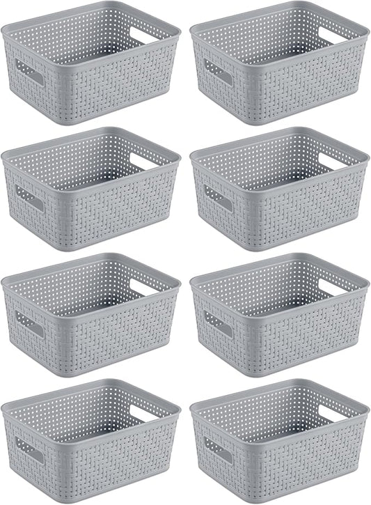 Sterilite 8 Pack Plastic Storage Bin Organization Containers, Small Baskets, Cement