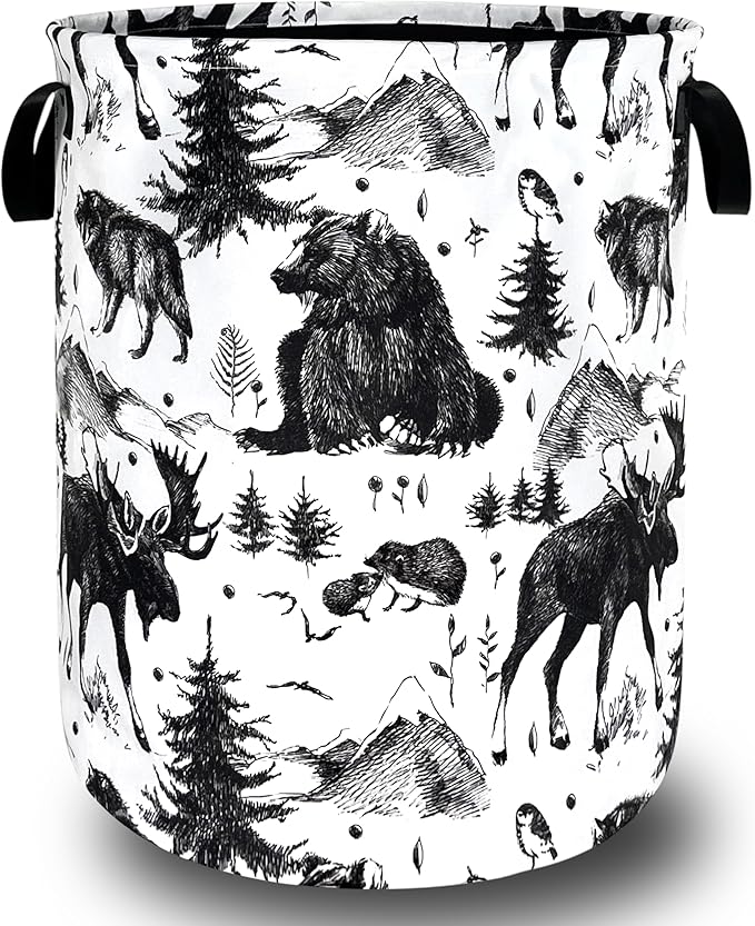 Bear Forest Deer Laundry Basket Foldable Black White Animal Laundry Hamper With Handle Oxford Cloth Portable Clothes Storage Basket Laundry Bag 18.9"x16.5" For Laundry Room/Bedroom/Bathrooms