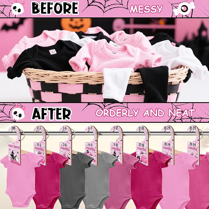 Halloween Baby Closet Dividers 8Pcs – Pink Black Wooden Double-Sided Clothes Size Hanger Organizer from Newborn to Toddler for Nursery Decor Baby Shower (Includes Gift Box)