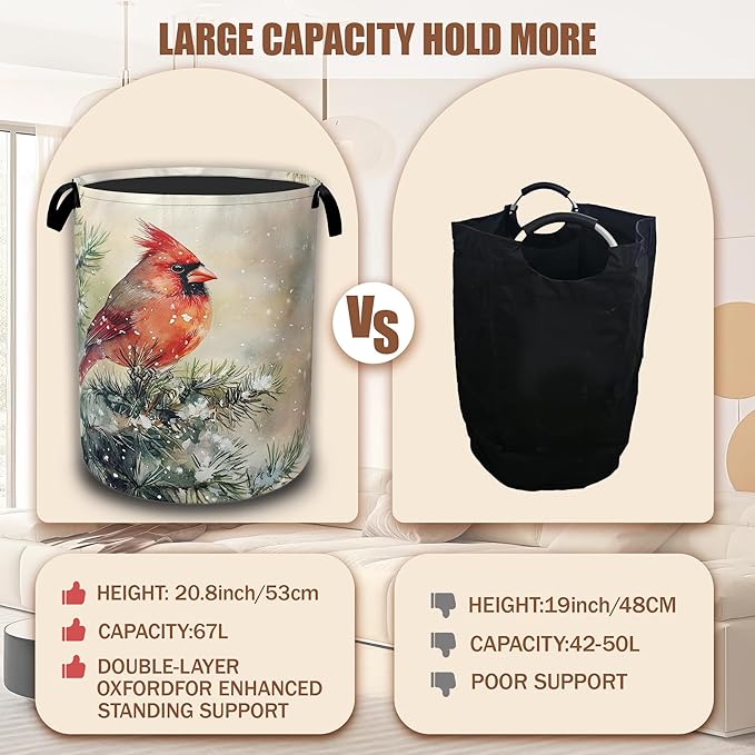 Winter Red Cardinal Bird Laundry Basket, Laundry Hamper Waterproof Oxford Cloth Tote Collapsible,Clothes Storage Bucket Decorative Toy Organizer For Bathroom Bedroom 16" x 20.8"