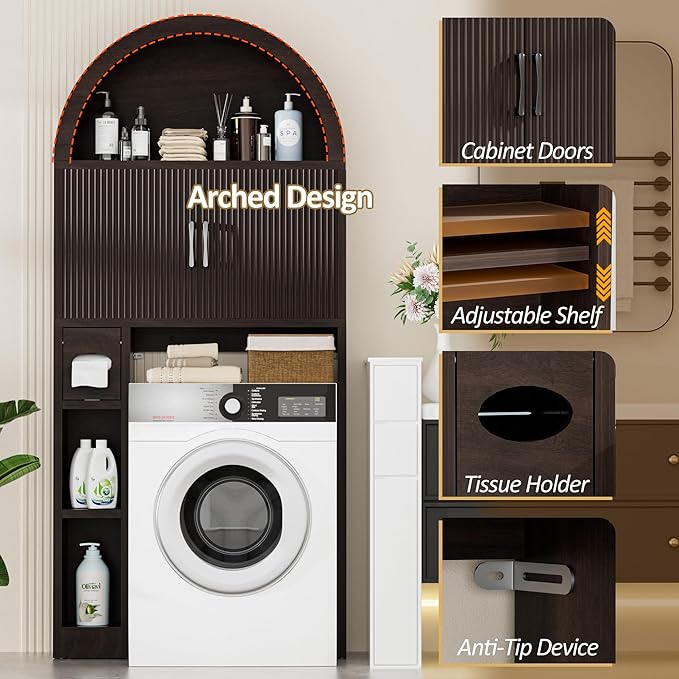Over The Toilet Storage Cabinet, Bathroom Organizer Over Toilet, Arched Storage Organizer Cabinet with Anti-Tip Device and Adjustable Shelf for Washroom Laundry and Restroom, Espresso