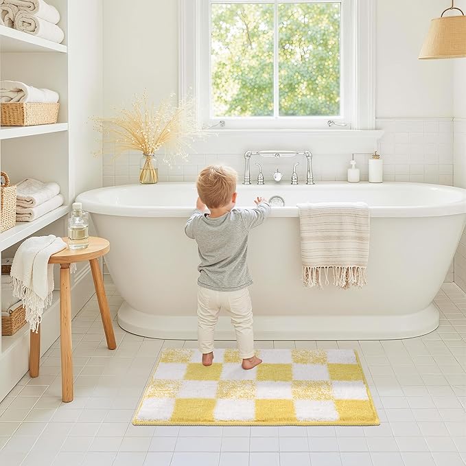 GRANNY SAYS Checkered Yellow Bathroom Rugs, 24" x 16", Non-Slip Bath Mats for Bathroom, Plush Shag Absorbent Microfiber Ultra Soft Bath Mat, Cute Washable Rug for Tub, Shower, Bedroom