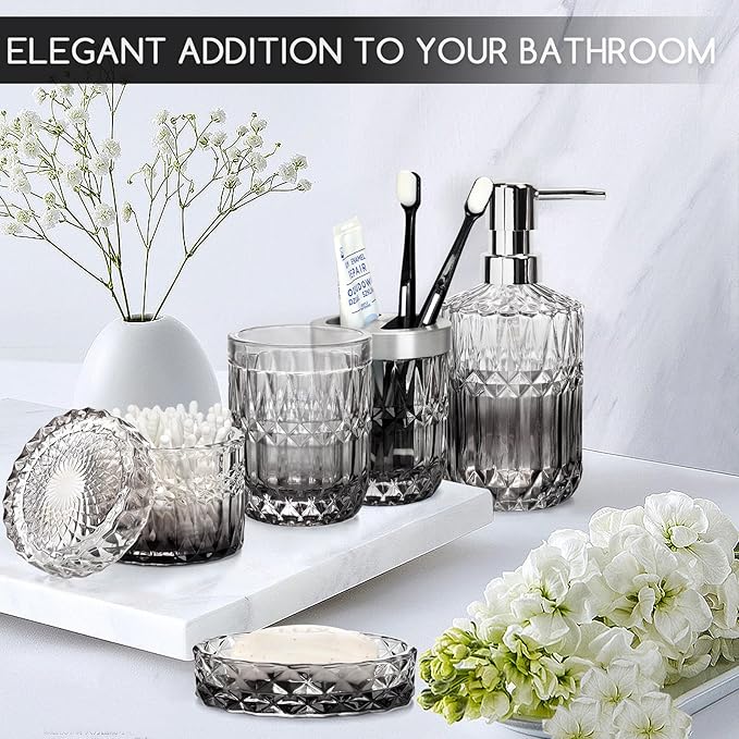 5-Piece Bathroom Accessory Set, Diamond Glass Bathroom Soap Lotion Dispenser, Toothbrush Holder, Tray, Jar, Tumbler, Luxury Vanity Organizer, Elegant Home Decor