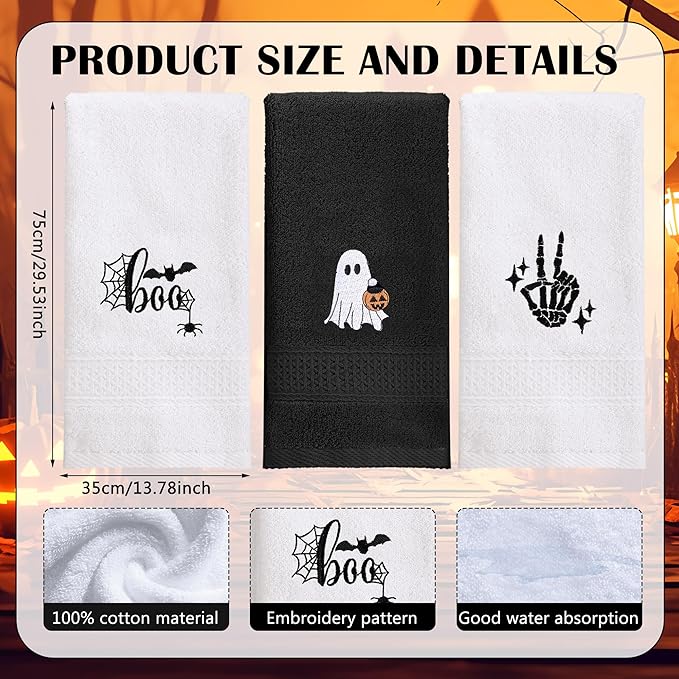 3 Pcs Halloween Hand Towels for Bathroom, Boo Ghost Black White Embroidered Towels Farmhouse Decorative 13.78 x 29.53 Inch Absorbent Soft Cotton for Kitchen Dish Fast Drying Gift
