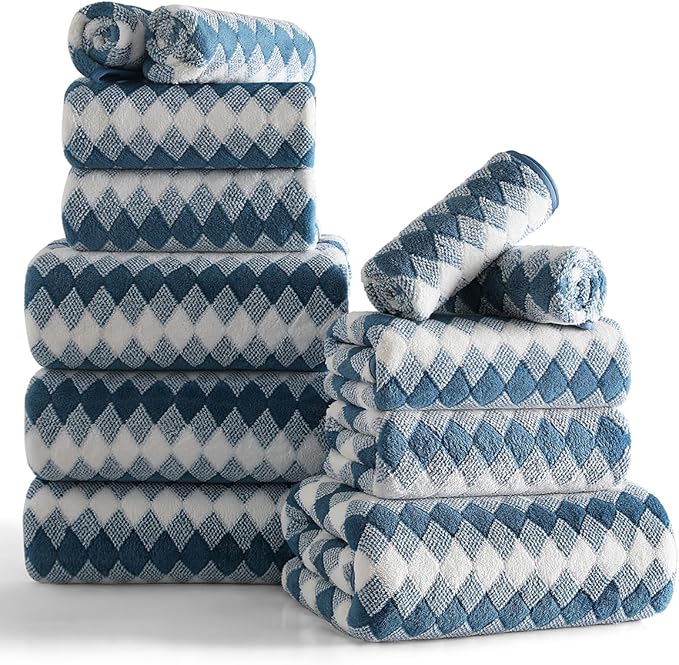 12 Pcs Navy White Diamond Towel Set-4 Bath Towels,4 Hand Towels,4 Washcloths Soft Polyester Towels with Loop Absorbent Shower Towel Quick Dry Beach Chair Towel Family Towels for Bathroom Spa Gym Pool